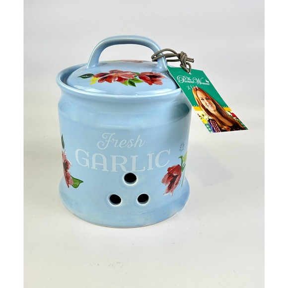 Pioneer Women Kitchen Pioneer Woman Garlic Keeper Stoneware Melody Blue Red Vintage Floral
